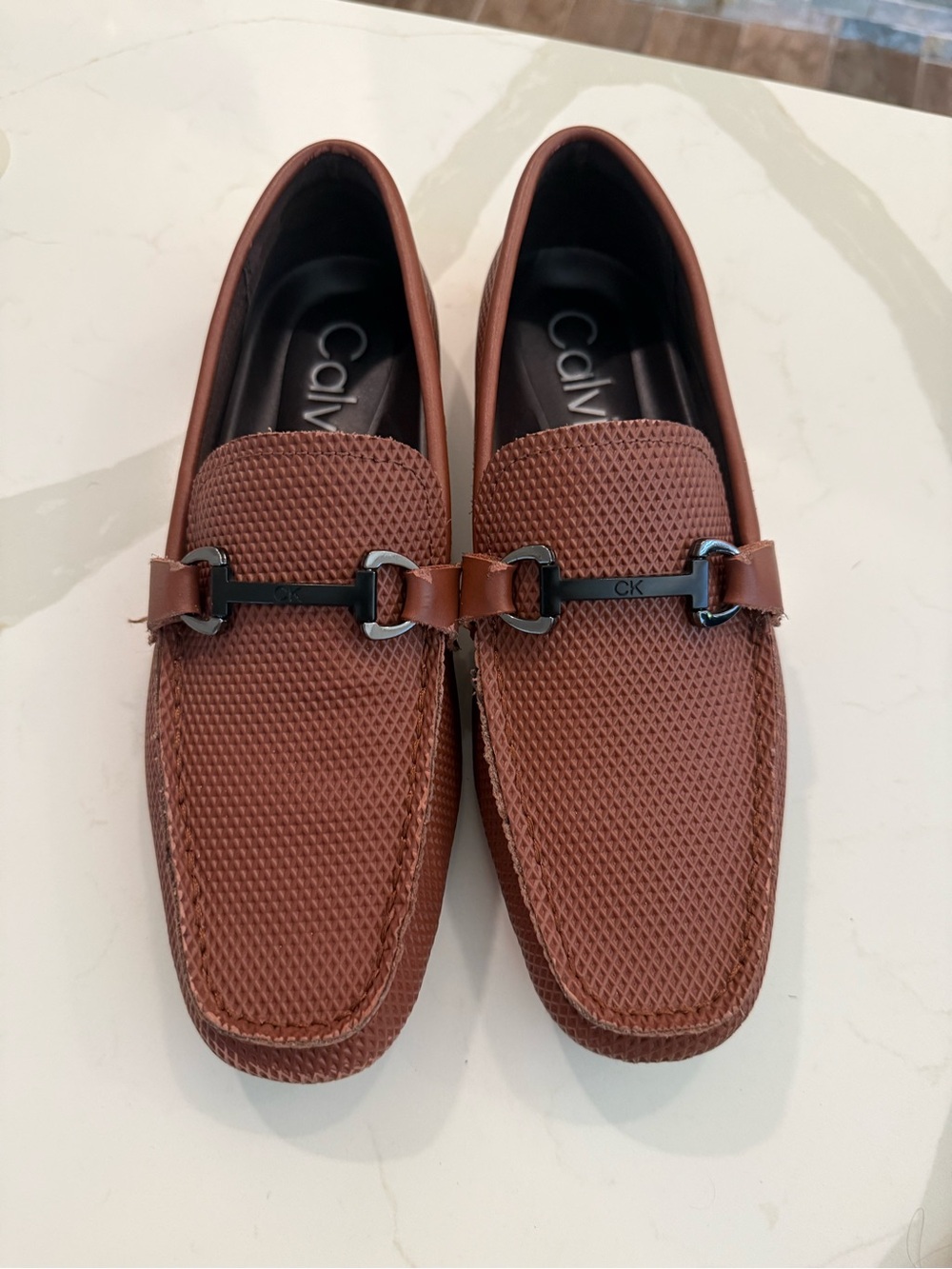 Calvin Klein Men's Chestnut Textured Leather Bit Loafers